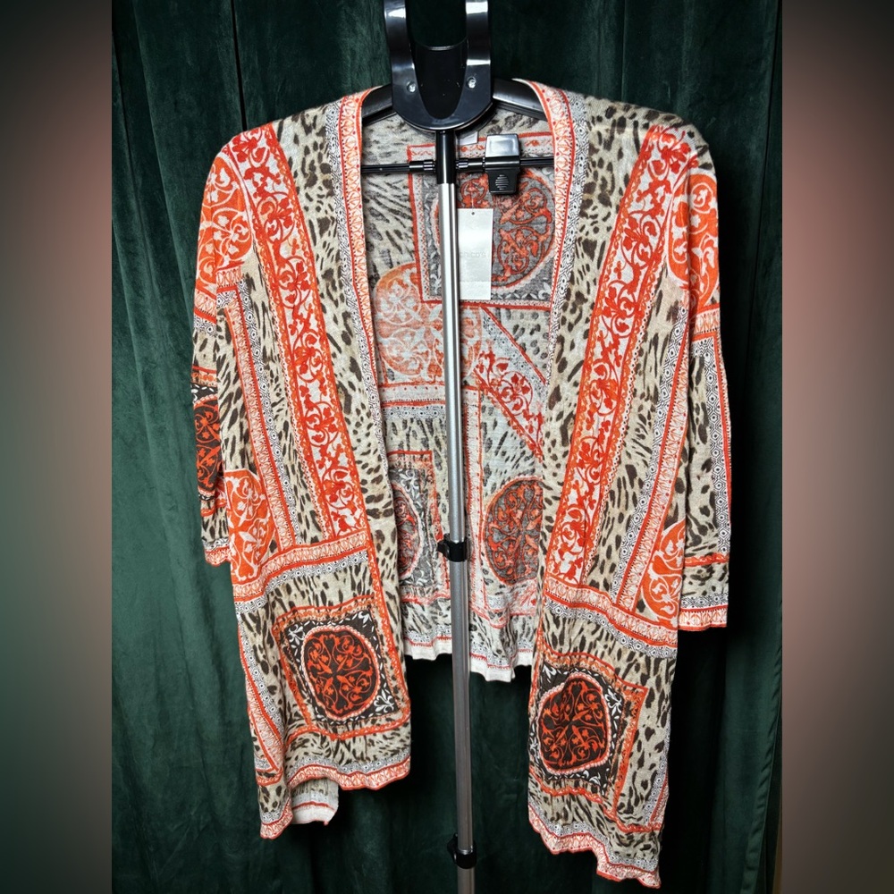 Chico's Orange & Beige Patterned Open-Front Cardigan light weight medium